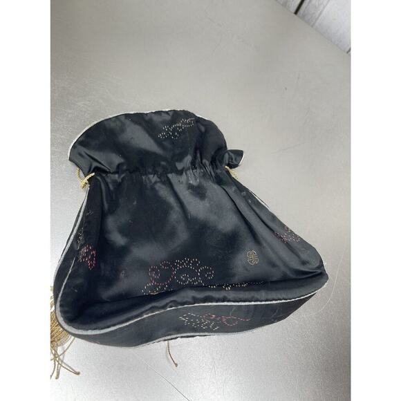 Vintage Antique Chinese Asian Black Silk Tassels Small Drawstring Handbag Bag - Picture 5 of 8